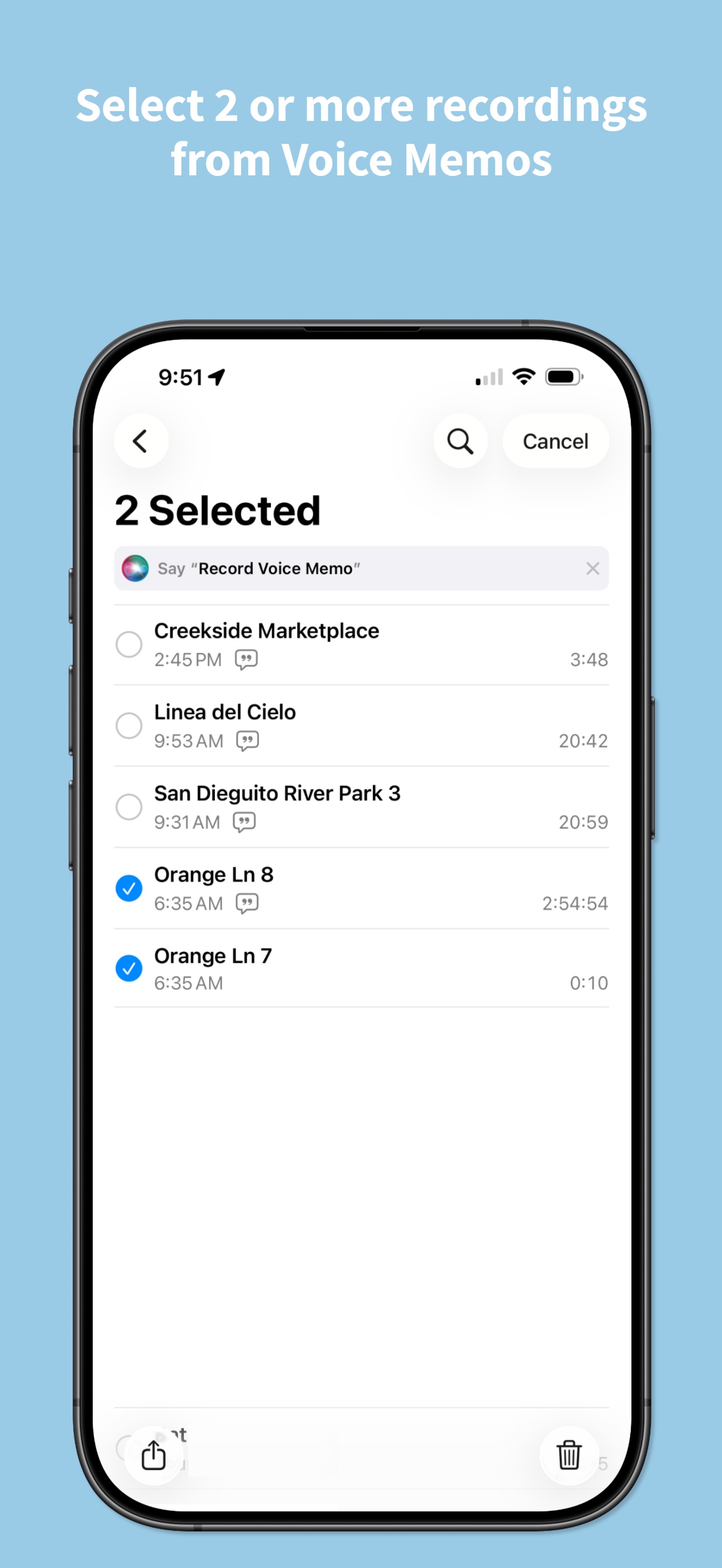 Select recordings in Voice Memos on iPhone