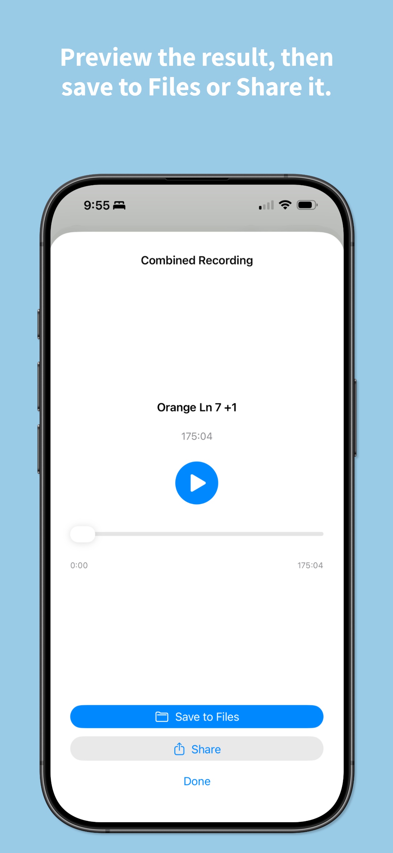 Preview and save the merged voice memo